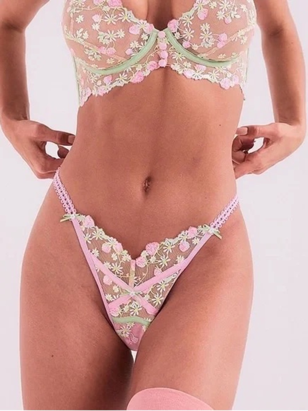 For Love & Lemons Tutti Frutti Floral Embroidered Bustier, Garter & Thong Set